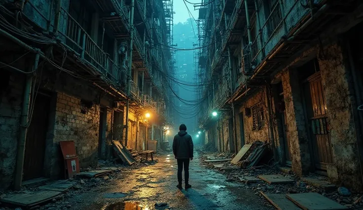 Standing in the middle of a dilapidated courtyard within Kowloon Walled City at night, surrounded by towering, decayed buildings. The structures are densely packed, with bamboo scaffolding wrapped around their exteriors, adding to the chaotic and claustrop...