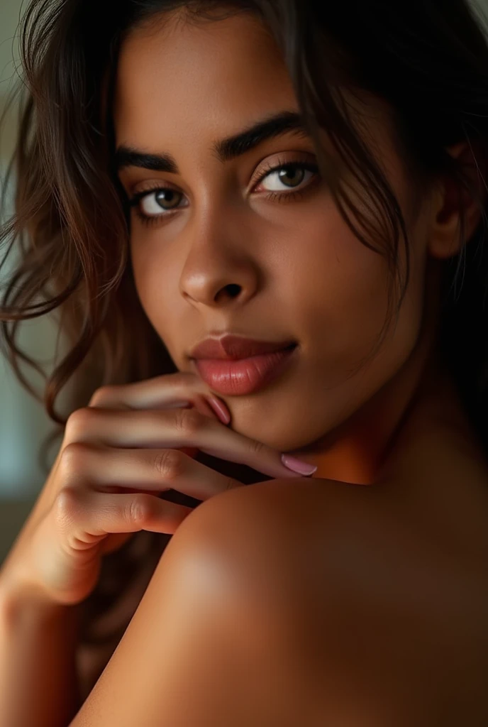 Woman Sitting Facing Forward, Fingering her wet pussy, extremo close-up,  excited facial expression , full lips,  loose hair, 4K, photorealistic, studio lighting, vibrant colors,  Bokeh effect