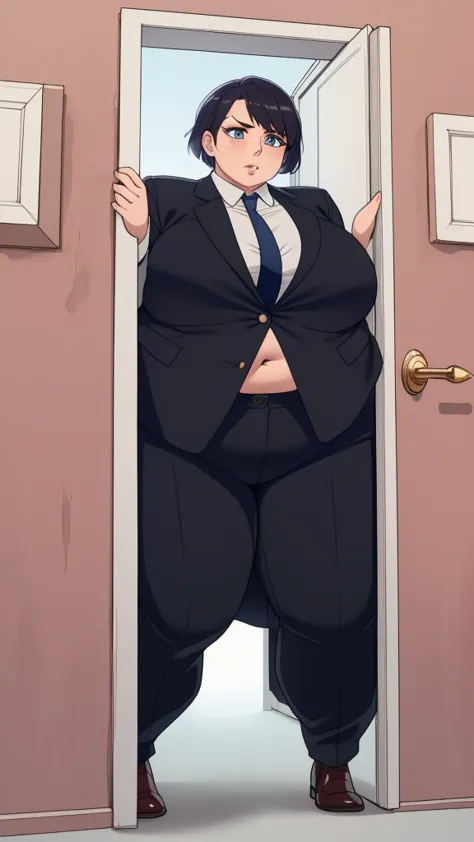 masterpiece, A girl behind a threshold,  from the front, door stuck , wide hips,   thick thighs , colorful clothes, wears a suit, tie and formal pants.,  disappointed  