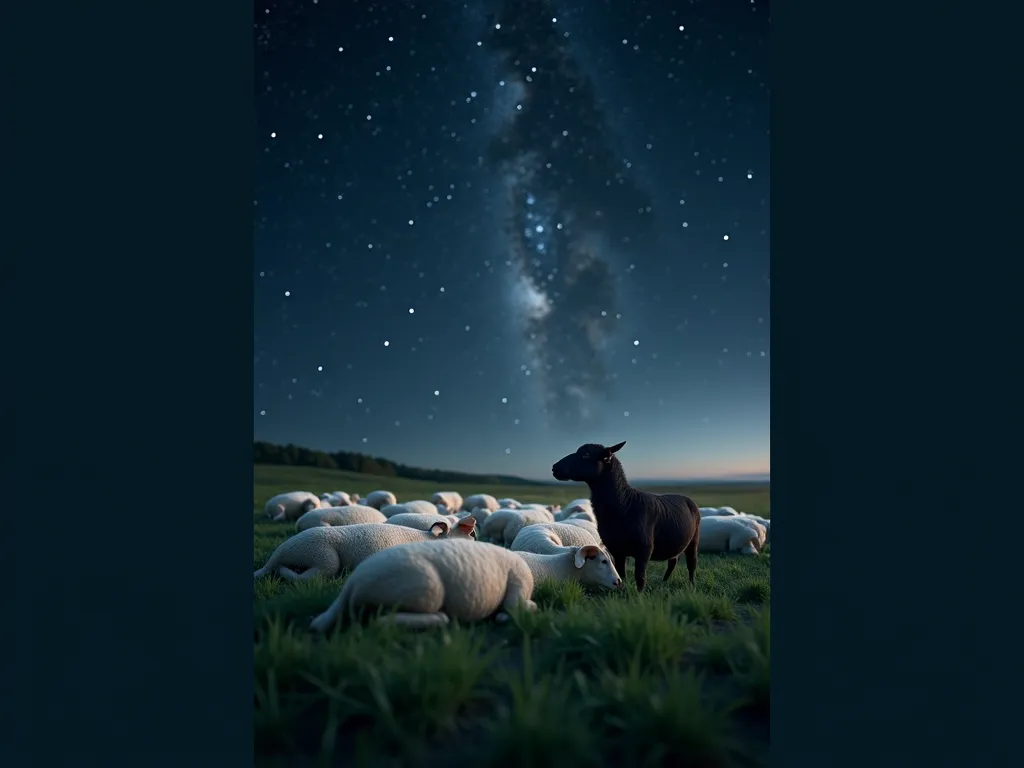 **Scientific symbols:**\n. The top image of a flock of white sheep sleeping in a quiet grass field under the clear night sky. In the middle of the flock, there is a lone black sheep, distinguished from the rest by its color. . The black sheep look directly...