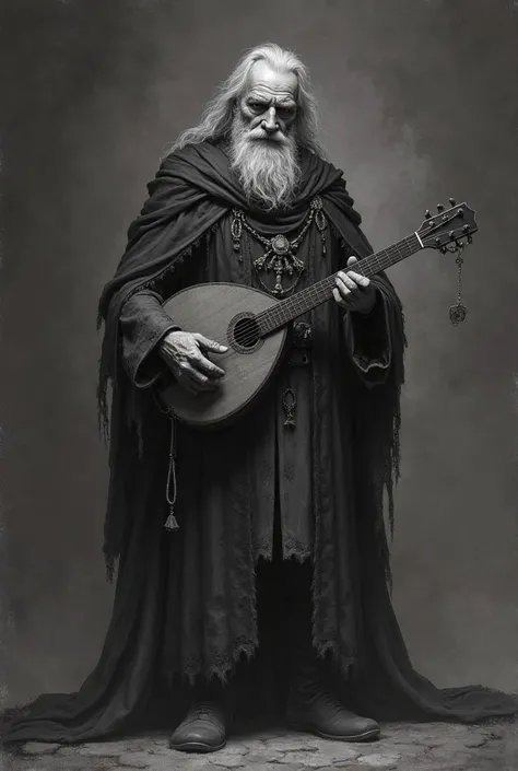 Create a storyteller bard, he seems gloomy and confident, Make the image black and white