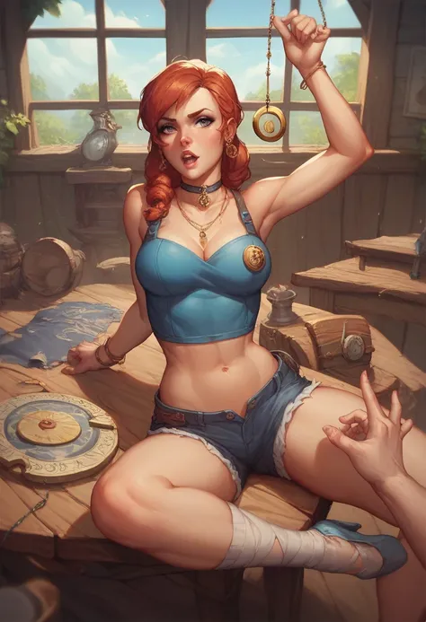 beautiful woman, bare midriff, damsel in distress, peril, tied spread eagle, tied to a table, extended arms, wooden table, a semi circular pendulum blade is swinging above her belly, the pit and the pendulum