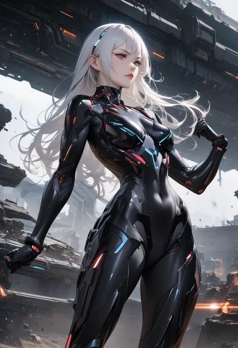 Beautiful cybernetic girl realistic masterpieces full figure pose (best quality,ultra-detailed), white hair, fair skin, fit body, slim figure, narrow waist, wearing a full black carbon fiber cybernetic mobile battle suit, Bare back, bare hips