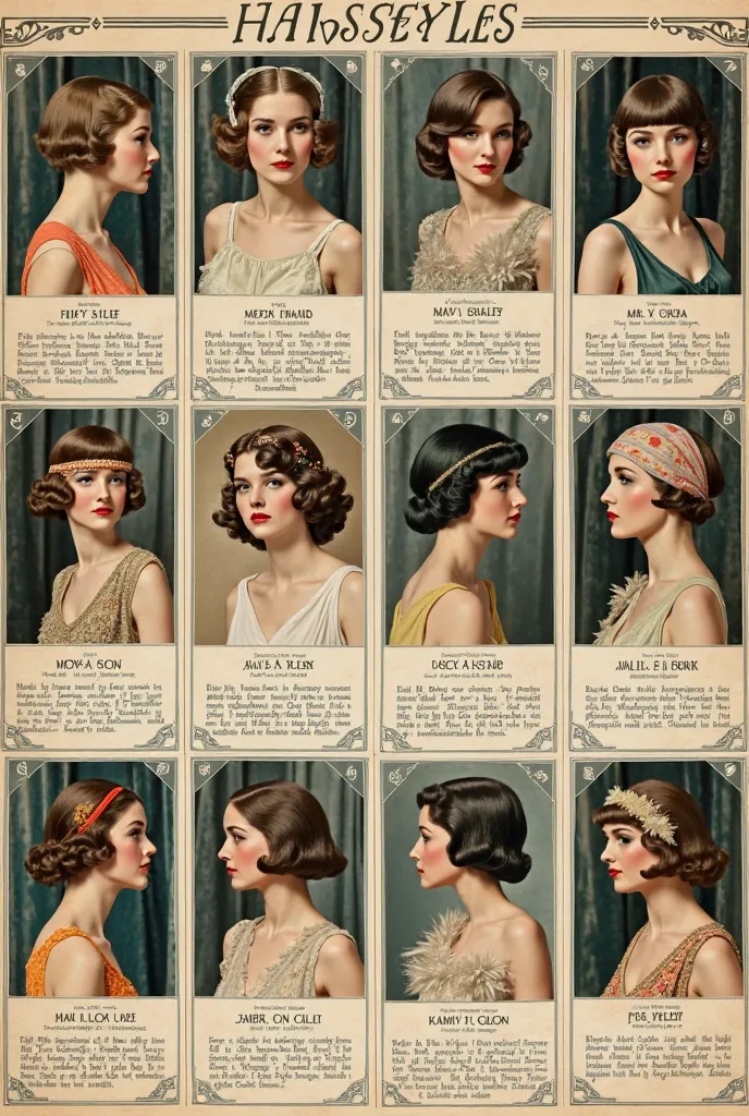 A catalog of fashionable hairstyles from the year 1922, with an elegant and vintage design that reflects the aesthetics of the Art Deco era and the 'Roaring Twenties'. The image shows a series of female models with iconic hairstyles of the time, such as sh...