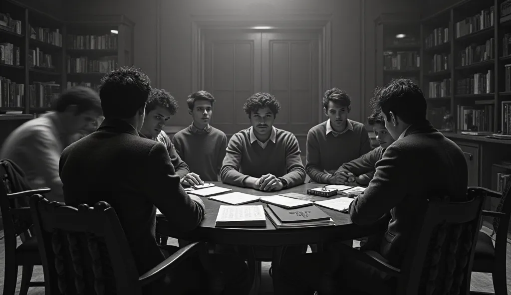 A group of men dressed as university students in a study room, black and white, suspenseful image 