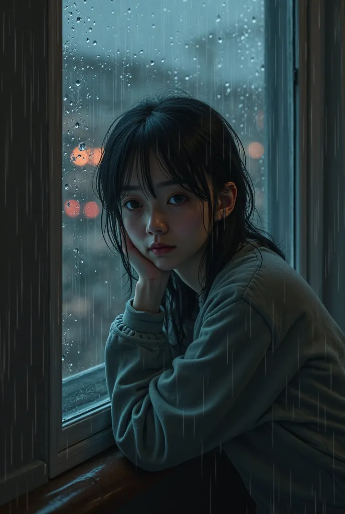  A person looking out the window on a rainy day,  with a thoughtful expression . The scene conveys an air of concern and reflection.