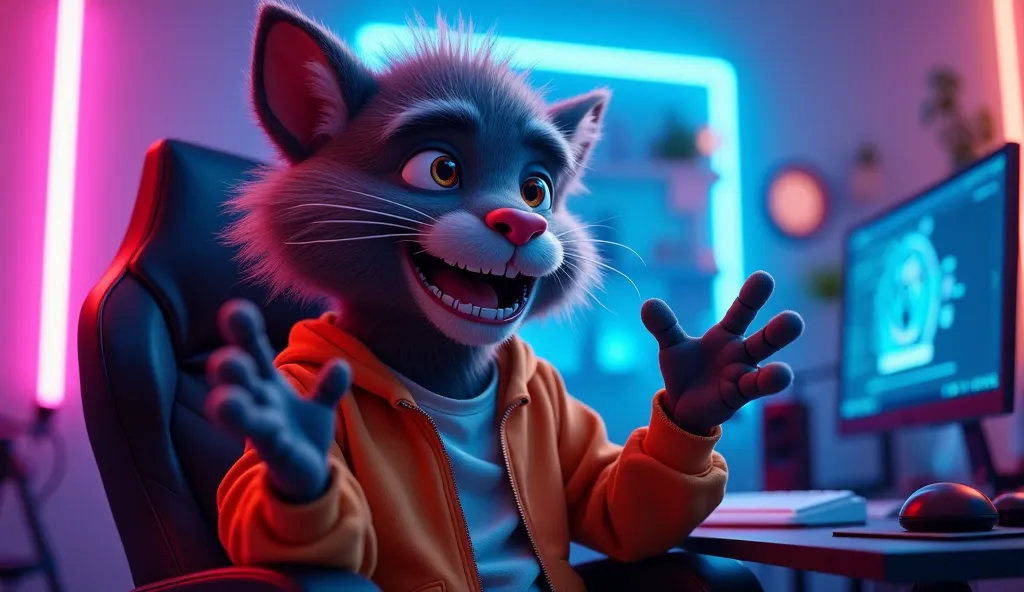 An Ilong asthetic hairy catoon character with bold smile sitting confidently on a
modern gaming chair in his YouTube studio. His face is clearly visible . The character is gesturing with his hands, as if explaining something important, while looking direct...