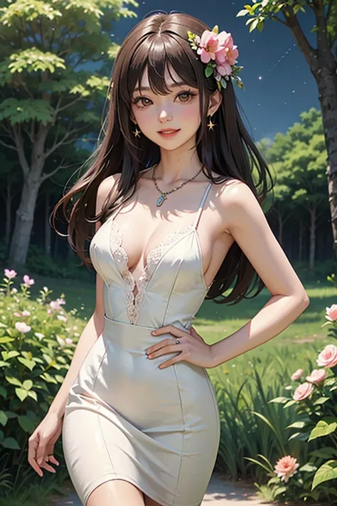 (masterpiece, Best Quality, 8k, High Resolution), 1 young woman, beautiful face, thin, slender, long, beautiful brown eyes, pink lips, Beautiful Nose, Brown-black long hair , Perfect face , perfect style, smile,  best anime girl , Grassland with forests, w...