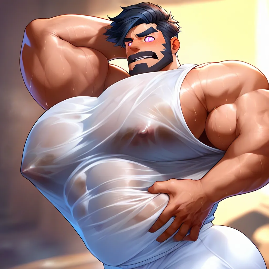 1bara, bara, male focus, solo, muscular male, big pecs, male nipples, groping pecs, solo, big hyper bulge, tight clothing, standing, sweat, brainless, hypnotized, white pants, wet clothes, topless  BREAK score_9, score_8_up, score_7_up, score_6_up, saying ...