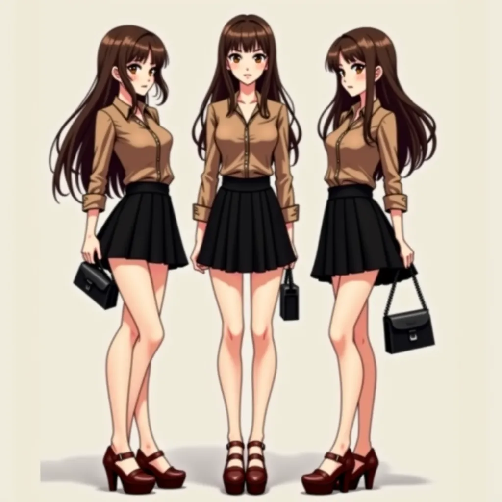 anime style, three white women, full body front, standing, bare legs, brown long hair, brown eyes, brown shirts, black skirts, black bags, brown platform shoes