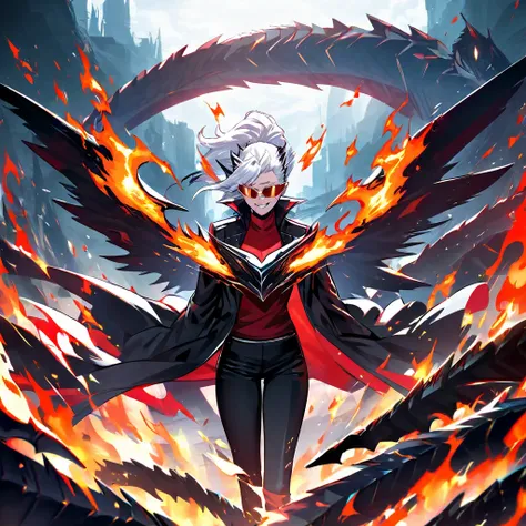 dragon,suit,black jacket,red shirt,horn,wing,smile,fullbody,tail,white hair,lady,sunglass,cute,bobhair,cool,Fire Attribute,Jagged teeth
