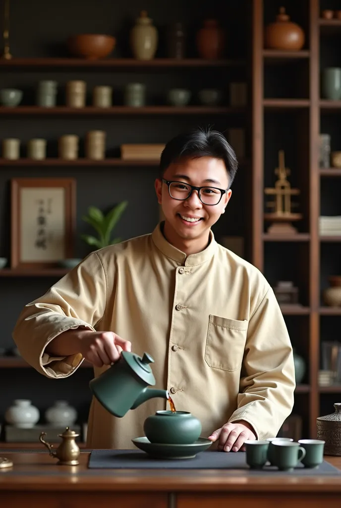 asian man in a beige Chinese-style jacket pours tea from a dark-green teapot, age 35 years old, wearing glasses, facing camera, surrounded by teacups, a small bronze tea tool, and other traditional teaware with muted earthy tones, on a dark wooden table in...