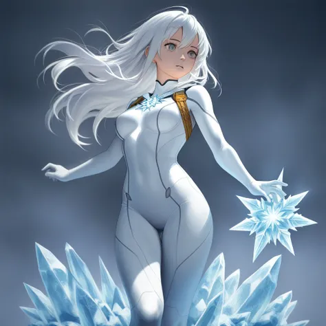 A superhero, ice powers, apathetic, tight clothes, white clothes,  exposed legs , regatta, white hair, medium breasts,  gray eyes,