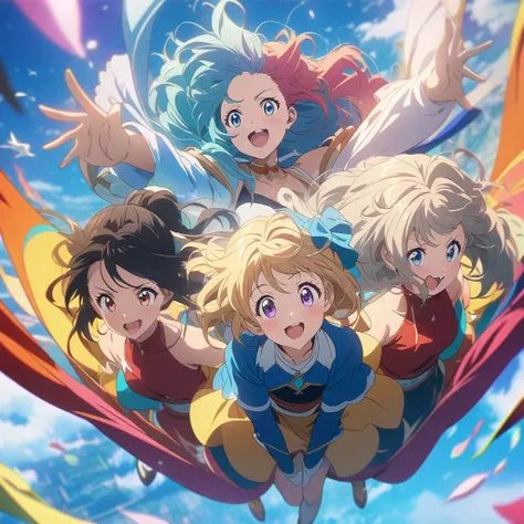 Let's go to another world, anime style, high quality, detailed anime character, group of young female friends, excited expression, flying together in the beautiful sky, cinematic composition, vibrant colors, beautiful background, 4k, High Details, High Qua...