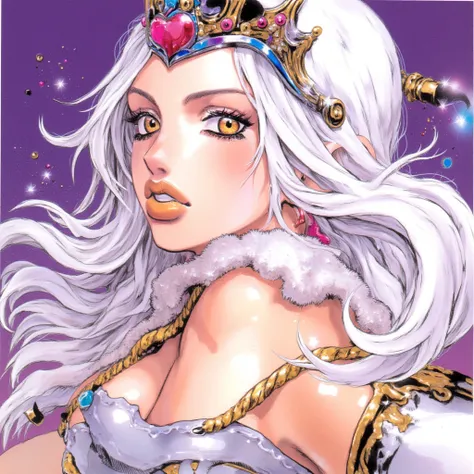 A hot woman, With bright golden eyes and long white hair, she wears a white collar with fur and white high-heeled boots., A metallic White Crown. Anime style 