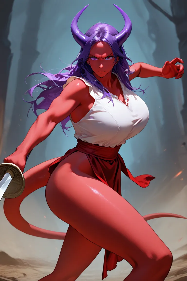 1girl, adult, Slim, red skin, long hair, purple hair, purple eyes, big breasts, a purple horn, a red tail, serious, a white blouse, sleeveless, long loincloth, red loincloth, holding sword, medieval sword, fighting pose, in battlefield 