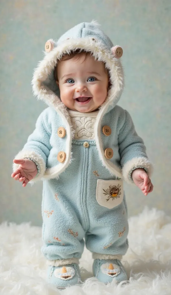 Professional studio photo of an irresistibly cute chubby baby with sparkling blue eyes and rosy cheeks, standing against a soft pastel background with a dreamy, fairy-tale ambiance. The baby is dressed in an elegant and whimsical bird-themed outfit in soft...