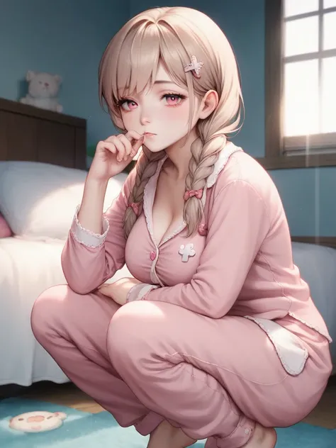 1 girl crouching, solo, long hair, 2 braids,  quick, light brown hair,big breasts, PINK CROSS HAIRPIN, anime style, Eyes are dark pink,sleepy、 pajamas