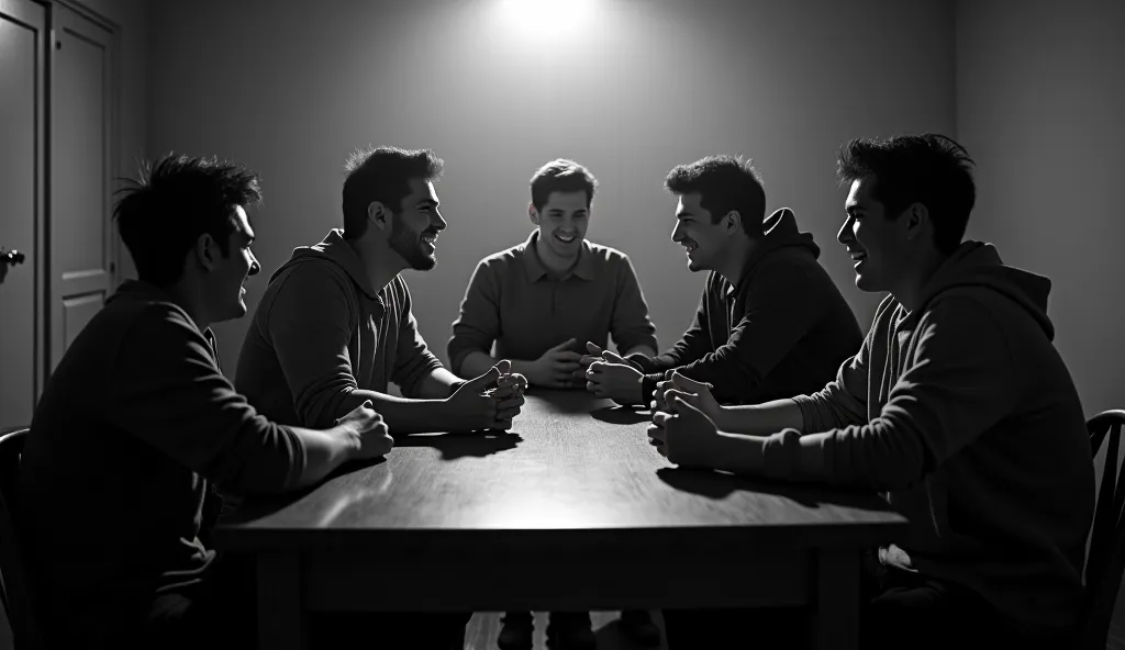 A group of men dressed as college students in a study room laughing suspenseful black and white image 