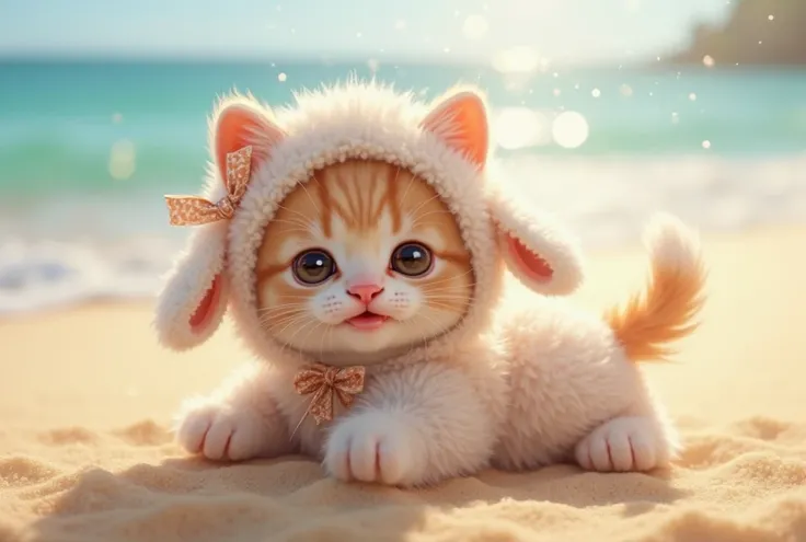 the kitten wears a baby goat costume and attaches a ribbon to the ear、On a cute beach、on top of being cute、 lying on her back 、laughing。

 real kittens。