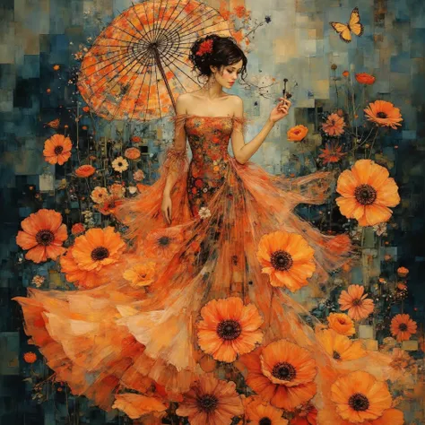 Create an elegant illustration of a woman in a flowing dress made of orange and red giant poppies, featuring intricate floral patterns. She is holding a decorative umbrella, with a softly textured background that complements her appearance. Use vibrant col...