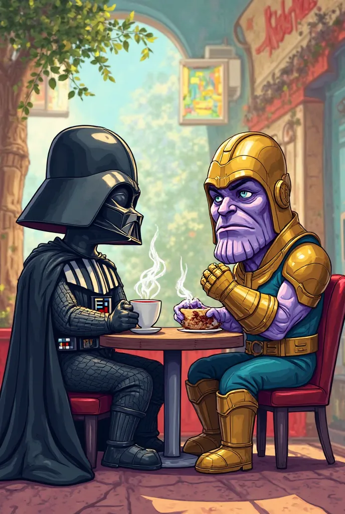 Darth Vader and Tanos having a coffee in cartoon form