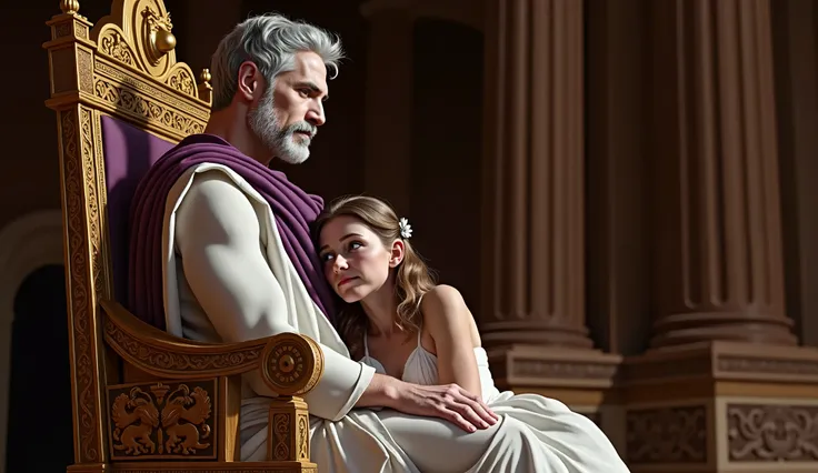 King Eurystheus sits on his wooden throne adorned with golden lions in Ancient Greece. He has white skin, a long beard, and gray hair, and appears to be about forty years old. At the foot of the throne, the princess, a young woman of 18 with long, wavy lig...