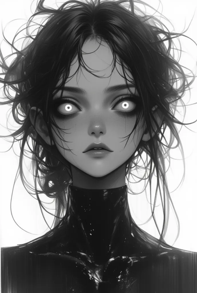 Demon girl, white eyes, symmetric, long messy hair, grayscale, white background, 