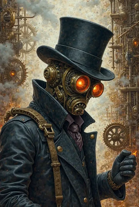 Amidst a backdrop of swirling steam and intricate gears, a cybernetic thief in a sleek top hat and goggles carefully navigates a maze of vintage machinery. This captivating painting captures the essence of a sophisticated steampunk cybercrime scene, showca...