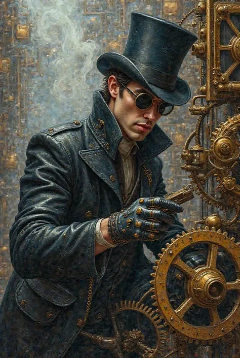 Amidst a backdrop of swirling steam and intricate gears, a cybernetic thief in a sleek top hat and goggles carefully navigates a maze of vintage machinery. This captivating painting captures the essence of a sophisticated steampunk cybercrime scene, showca...