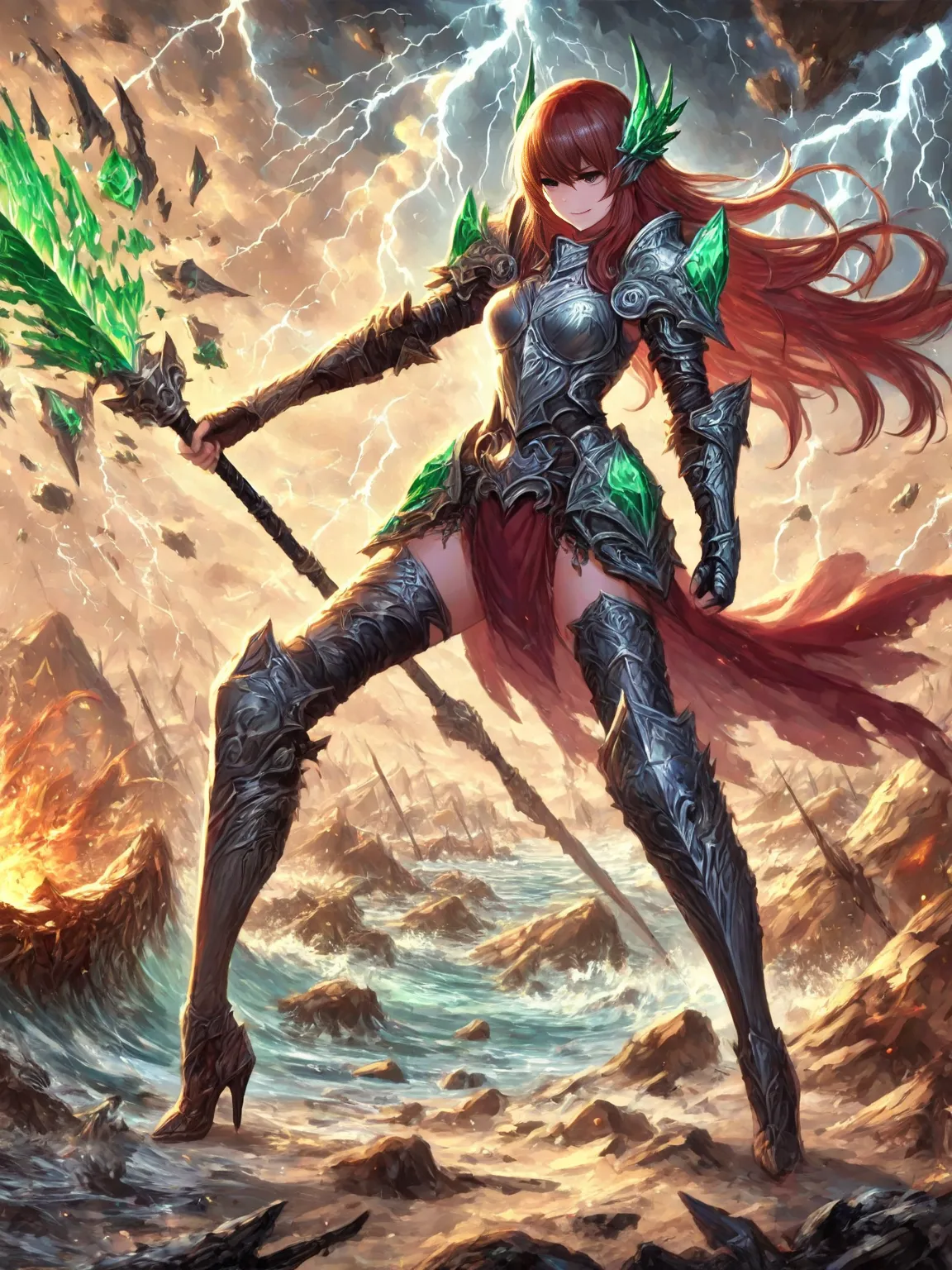 (masterpiece, best quality:1.2), 1girl, solo, ((warrior woman, armor, female armor, (smug), armor, female armor, metal armor, battlefield, storm, lightning, thunderbolts, flames, rocks, water, waves, trees, devastation, armor with emerald details, armor wi...