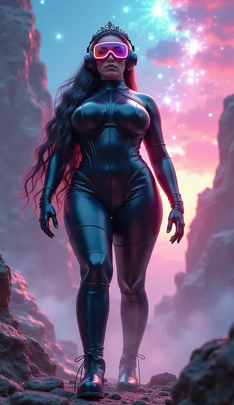 Futuristic chubby hair long women goggles tiara  headphones latex gloves calf boots park galaxy space standing body 