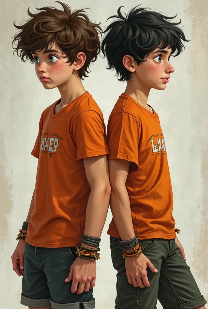 (Universe of Percy Jackson) A boy with brown hair, white skin with freckles and greyish blue eyes. He wears an orange t-shirt that says mixed camp, , rolled up black gray shorts and bracelets on both wrists. Another boy with black hair and green eyes, oran...