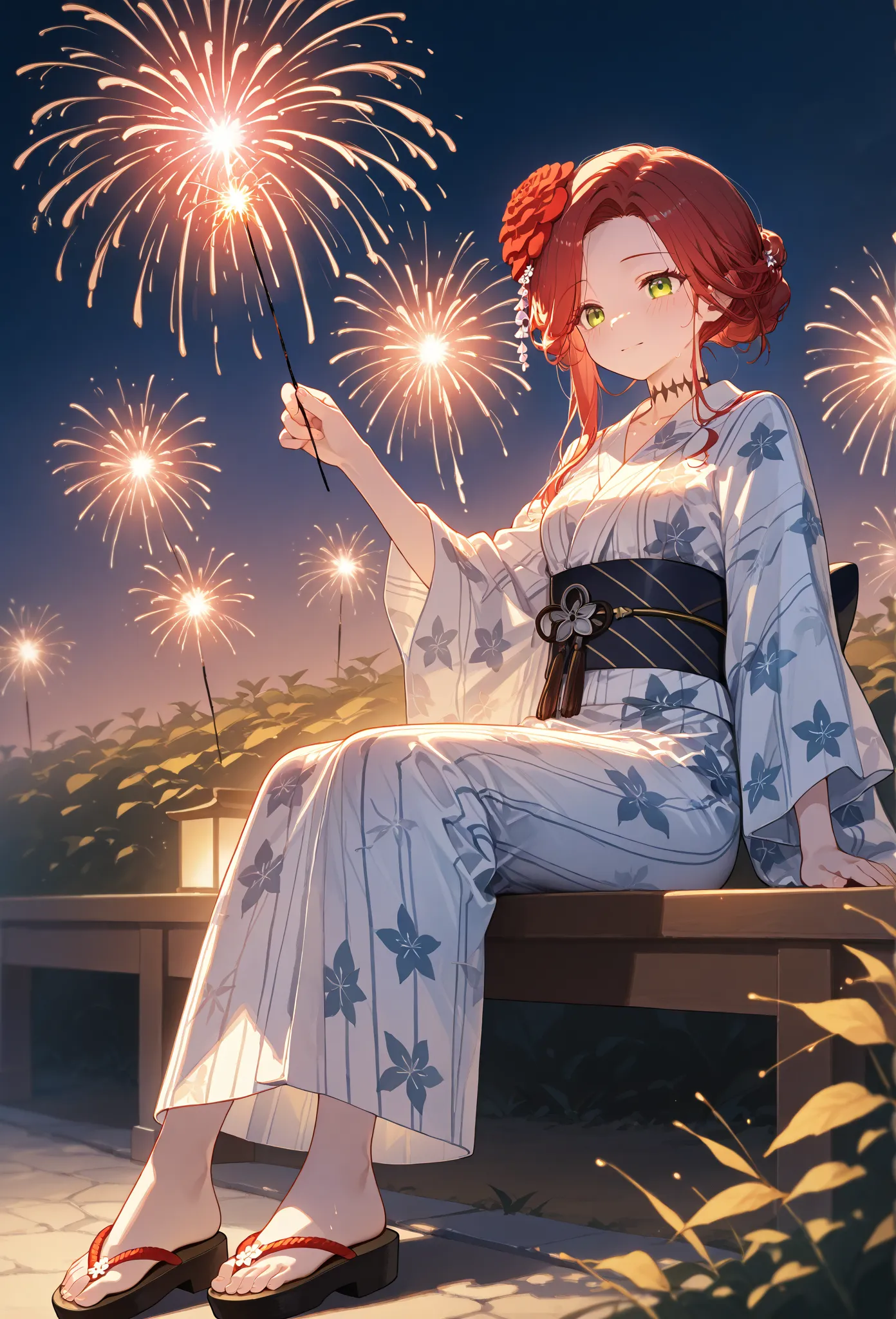     young  , Nape,yukata,Stole, sandals on the skin,fair,Holding,   Fireworks ,date