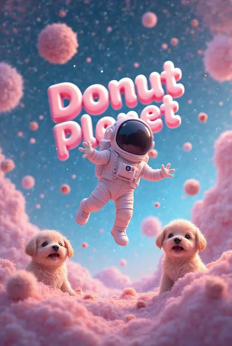 Create an image for my donut business  "Donut planet" With an astronaut on a galactic background the 'name in large letters with soft colors and that has some puppies

