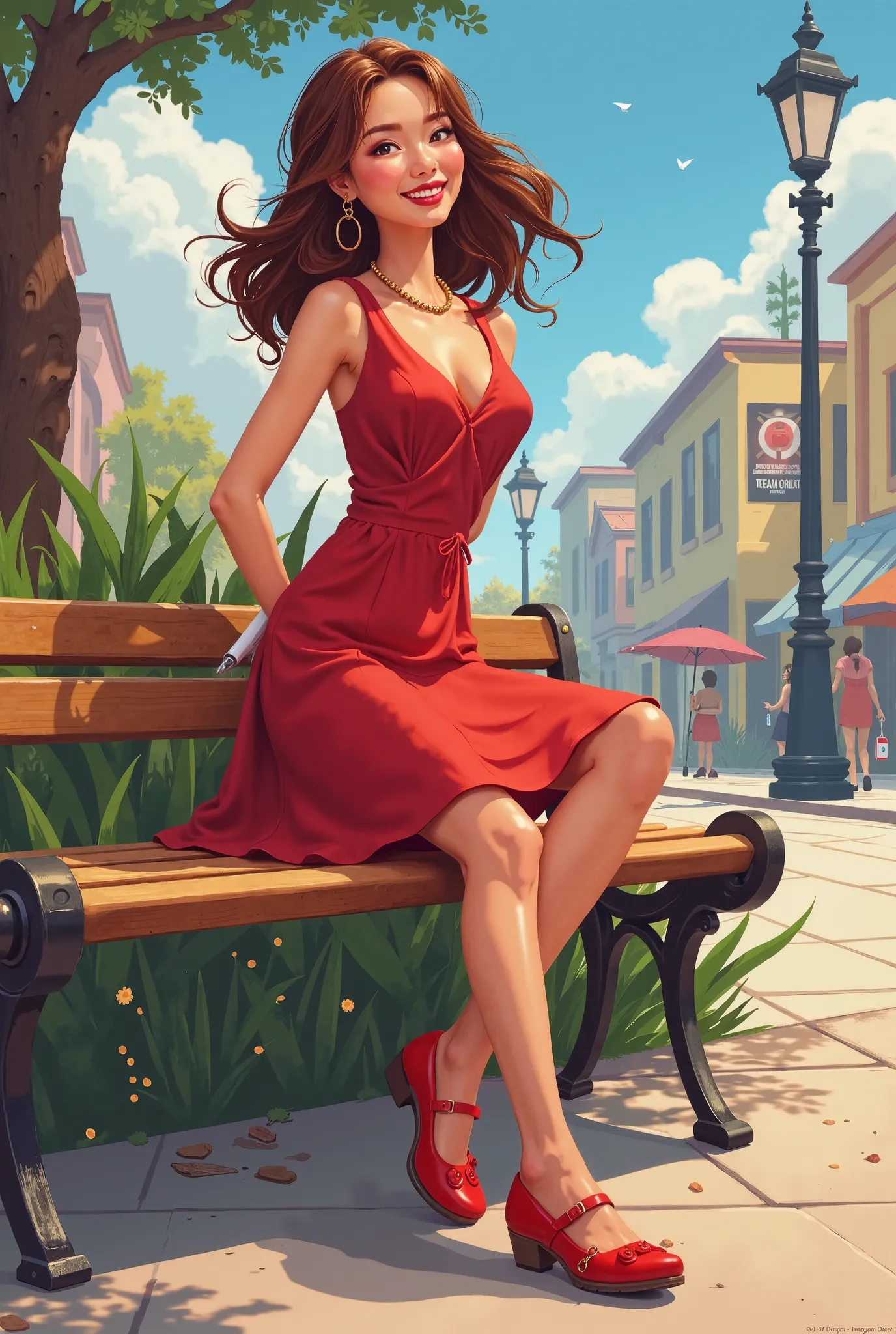 Tip: A very lovely  beautiful Asian American woman being happy alone on a bench in Downtown San Diego in the sun… The illustration is a high definition illustration with 4k resolution., with highly detailed facial features and cartoon style visuals, red kn...