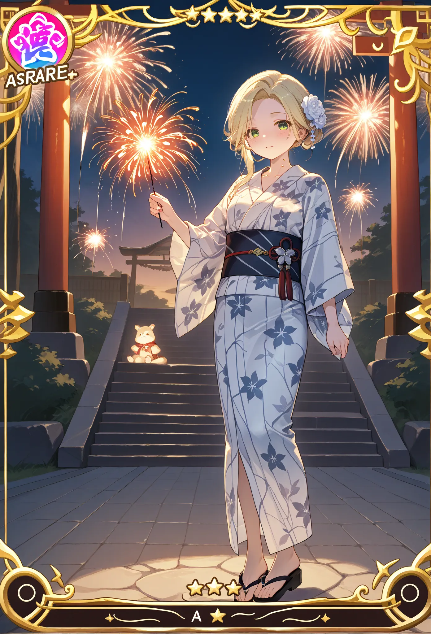     young  , Nape,yukata,Stole, sandals on the skin,fair,Holding,   Fireworks ,date