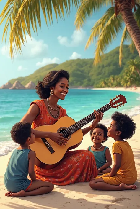 A Martinican woman in her forties who plays guitar surrounded by three Martinican ren: a  girl, a  girl, and a  boy on a beach. 