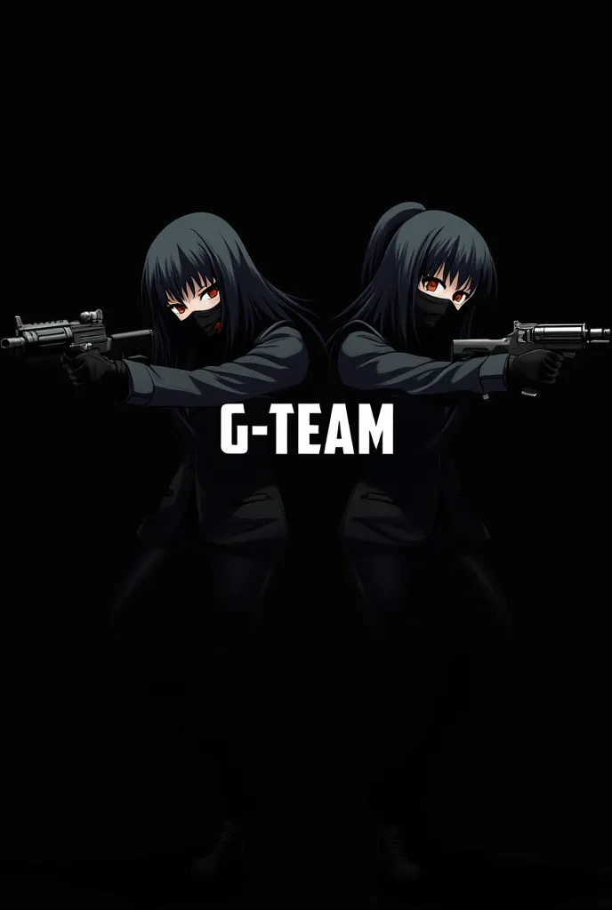 A text saying "G-Team" in white text, black backgrlund, with two girls with a dark suit and black masks aiming to the left and right, Anime style, Girls not looking at the front