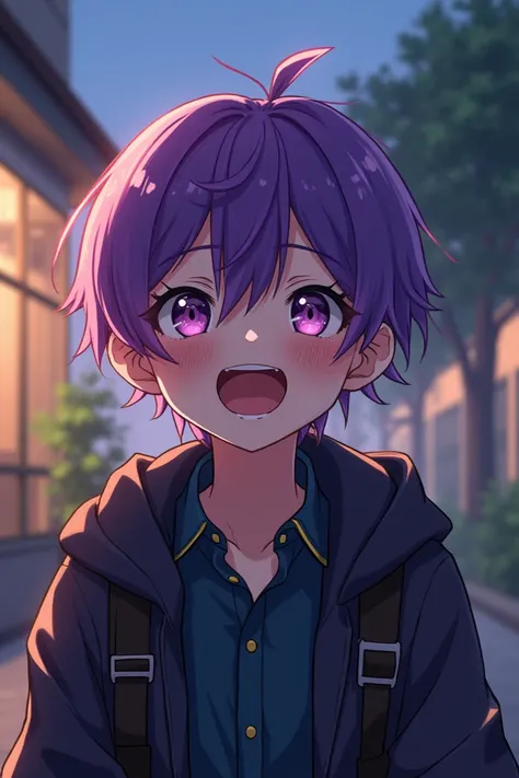 Create a cheerful, laughing age boy, relaxed, with short purple hair . in anime style with detailed pixel art elements. Characters with anime traits, intense facial expressions and big eyes,  but not exaggerated . Strong shadows and contrasting lighting fo...