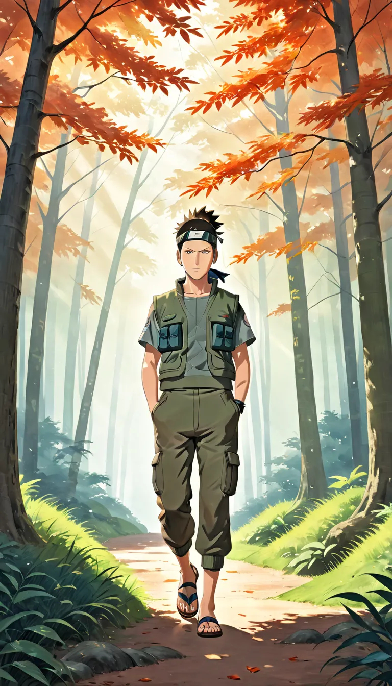 Ultra HD 8K, beautifully illustrated anime artwork of Shikamaru Nara from Naruto, in a hand-painted style. He stands in the peaceful Hidden Leaf Village forest, his iconic spiky ponytail slightly ruffled by the breeze. His expression is thoughtful, capturi...