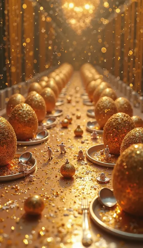 An immense banquet table, covered with giant Easter eggs, shimmering truffles and cascades of melted chocolate. In the middle of this magical scene, extremely small micro chefs — almost the size of rice grains — run from one side to the, balancing tiny tra...