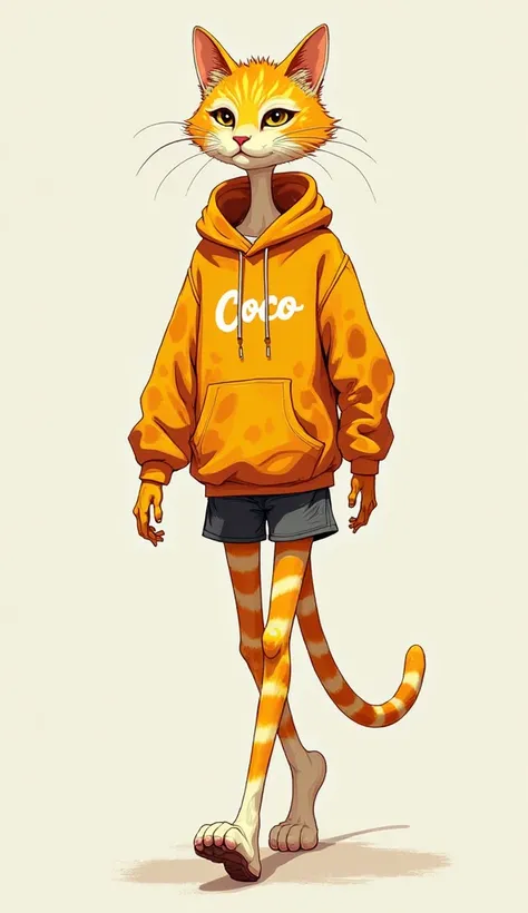 There will be one yellow and a little fire-colored cat. The cat will be very thin. The kitten walks on two legs like a human. The kitten is wearing a sweatshirt and shorts with the name Coco on it.