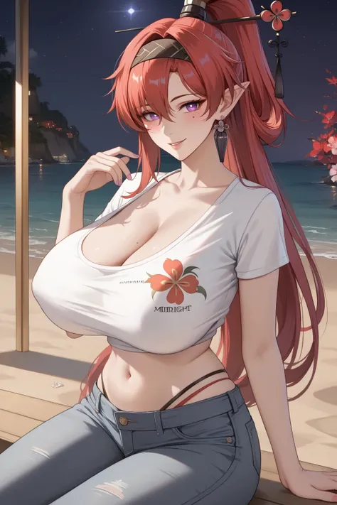 (((cowboy shot, cinematic lighting, midnight, night, dark))), ((Yinlin, red hair, mole under eye, purple eyes, hair stick, hair ornament)), (t-shirt, navel, short jeans, beach), 1girl, sagging breast, huge breasts, huge butt, thick thighs, sensual woman, m...