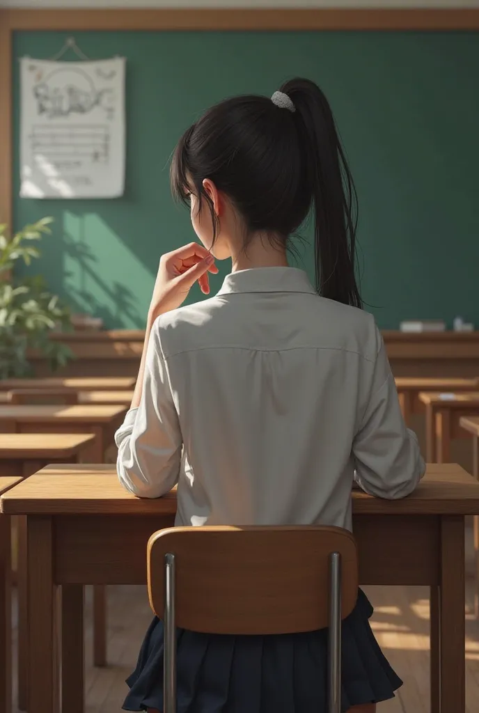 Student in white clothing, Women, Slim build,  long tied hair, raising his hand,  sitting at her desk, Backwards in the picture, in a classroom. that it looks as realistic as possible.