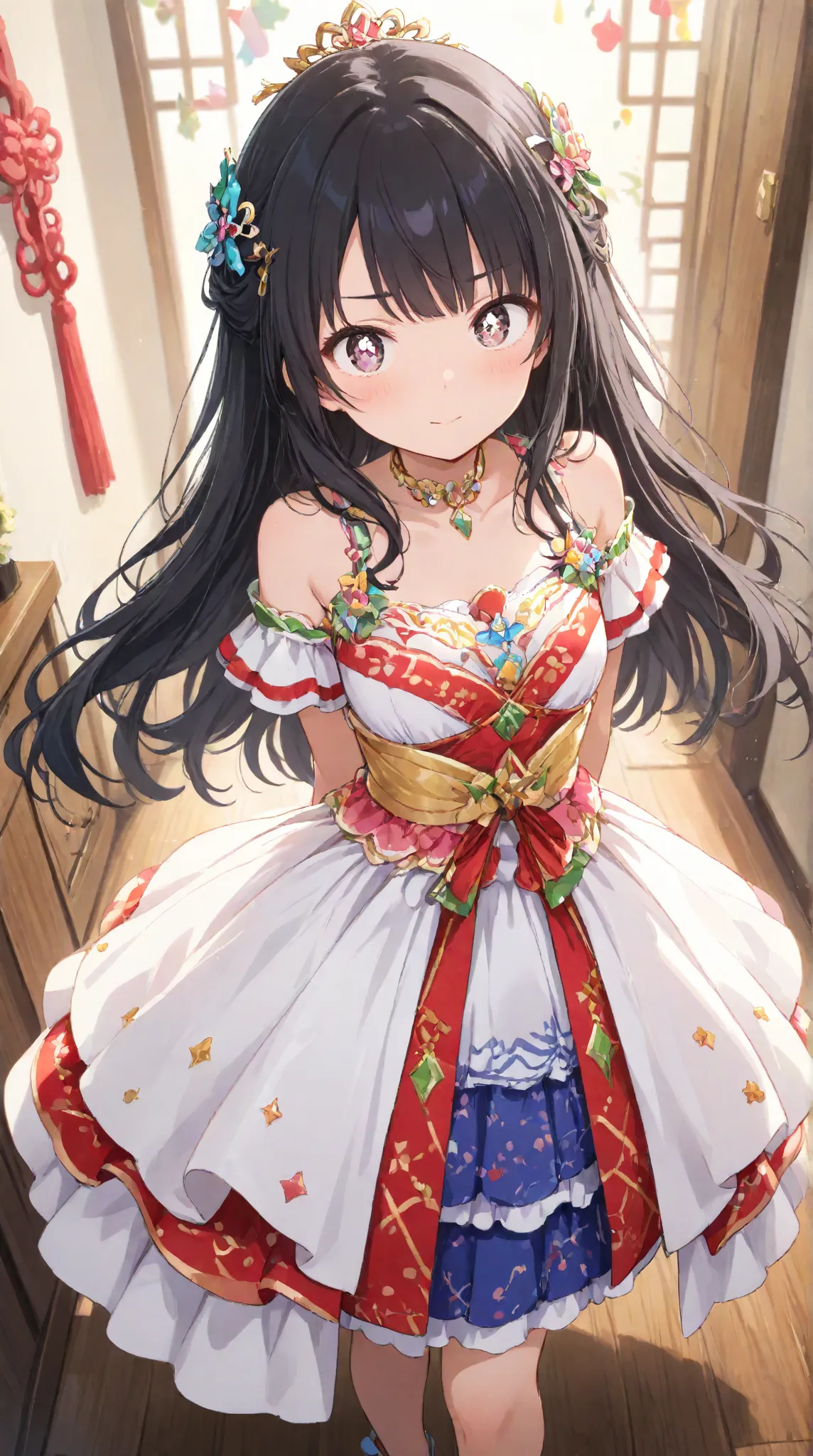 masterpiece,large breasts, long hair, (Black Hair 1.5) , bangs, （1 girl 1.5）,big eyes, Hair Ornaments , 18 years old、Bust Focus、viewer，full body，,,cheerful,party
、layered dress