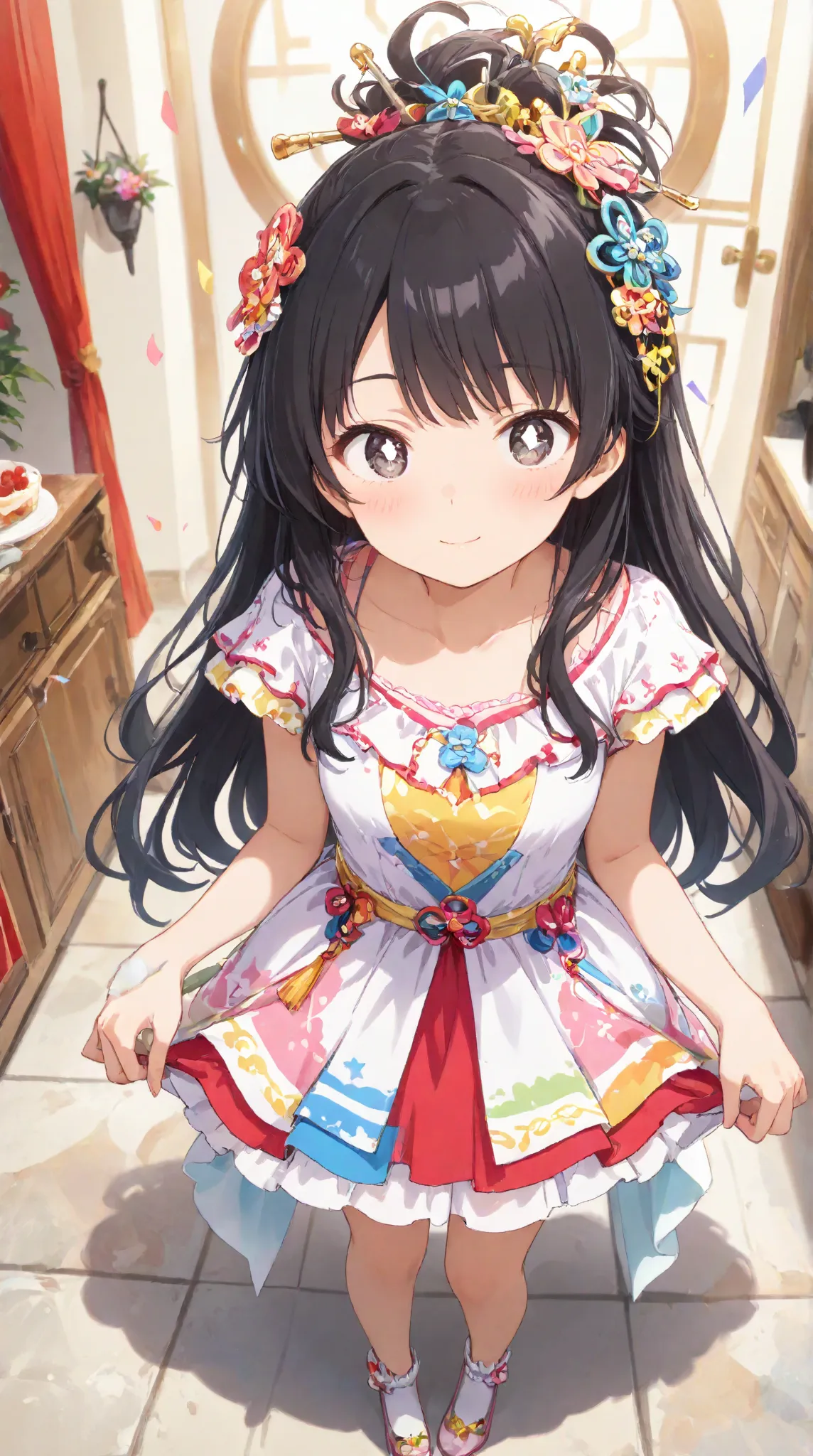 masterpiece,large breasts, long hair, (Black Hair 1.5) , bangs, （1 girl 1.5）,big eyes, Hair Ornaments , 18 years old、Bust Focus、viewer，full body，,,cheerful,party
、layered dress