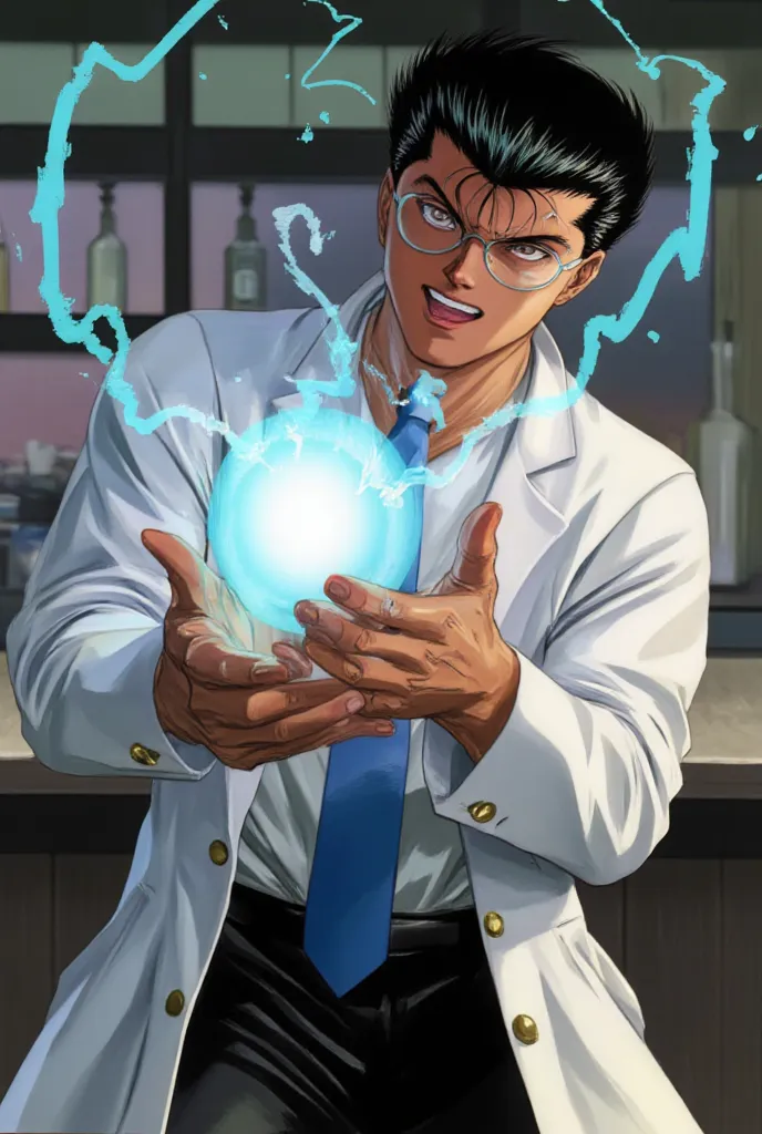 Ultra detailed portrait of Johnathan Banks as Mad Scientist,wearing lab coat with one piece Business Suit,round reading glasses, Laughing like manic while releasing his monster clone out of a Hugh Testing Tube in a Laboratory 