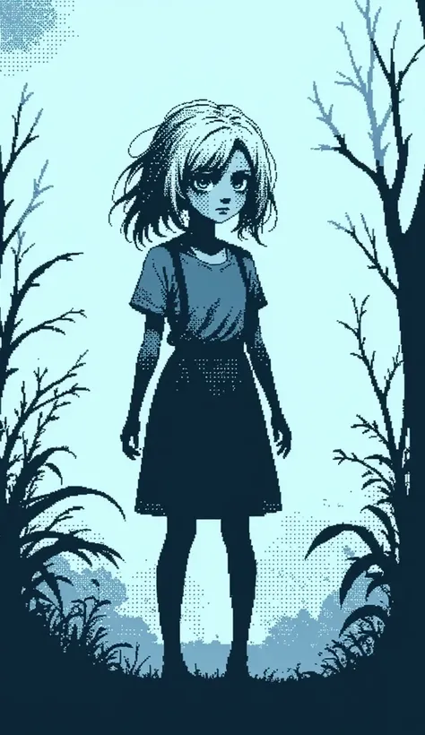 Young girl, small. Not much fat, just skin and bones really... short height.... blonde hair, some what long. And dark blue eyes, monochrome, pixel art