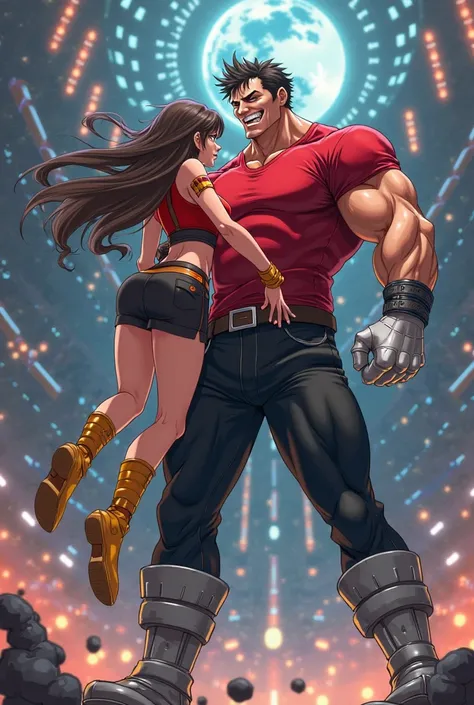 ( Anime style photo ) A giant, muscular man with short black hair, a tight red t-shirt with tight black long sleeves,  white gloves, tight black long pants and white boots. The man is in a space tournament making an evil smile while holding a woman with lo...